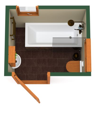 Quadratisches Bad mit braunen Bodenfliesen