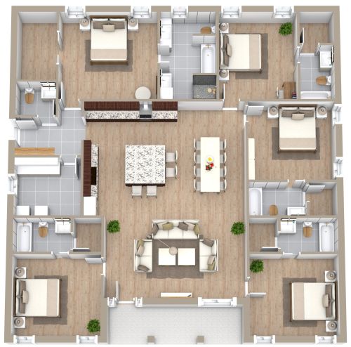 Quadratischer Grundriss für ein Haus mit großzügiger Küche