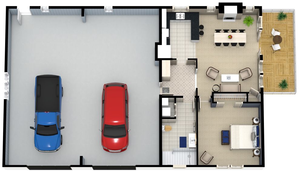 Grundriss für eine große Wohnung mit Balkon über einer Garage