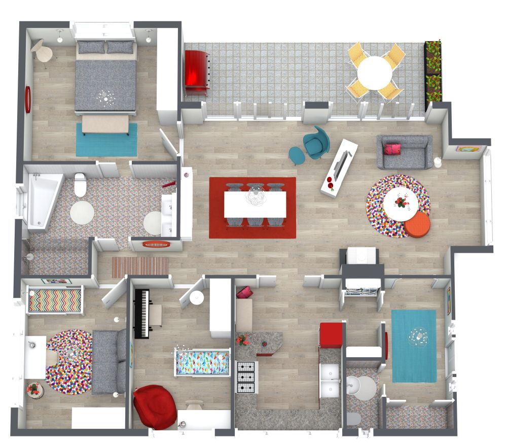 Grundriss für eine skurrile und farbenfrohe 4-Zimmer-Wohnung