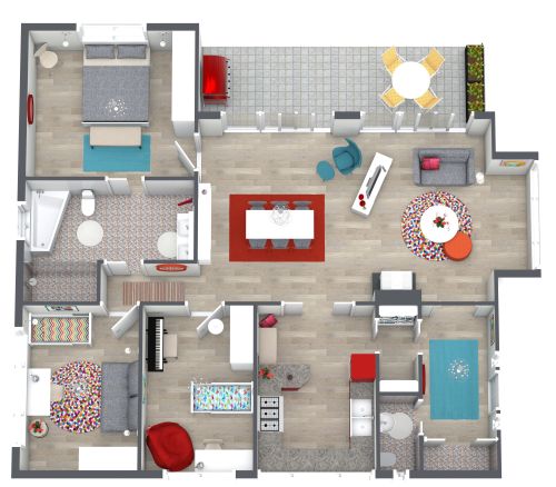 Grundriss für eine skurrile und farbenfrohe 4-Zimmer-Wohnung