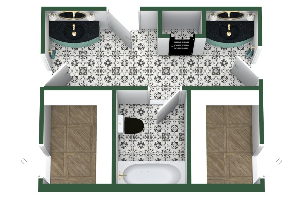 Badezimmer mit zwei Türen und separatem Waschbecken